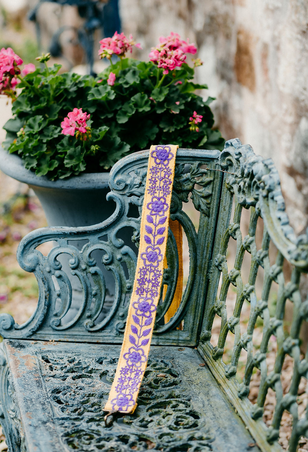 Arden Large Purse Strap: Hand-loomed wool fabric with purple and gold floral and leaves 