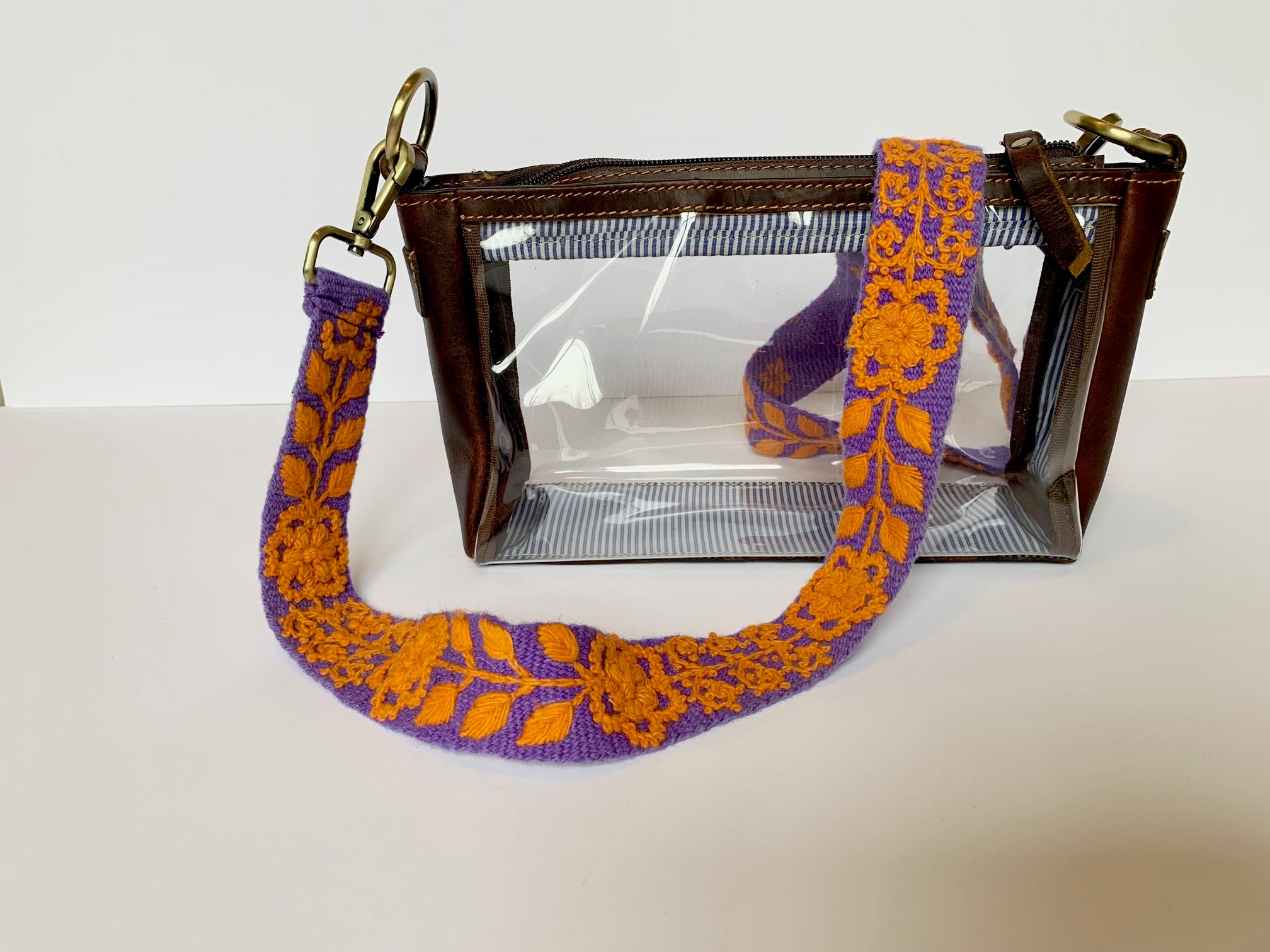 Katy Adjustable Purse Strap shown with fair trade clear purse