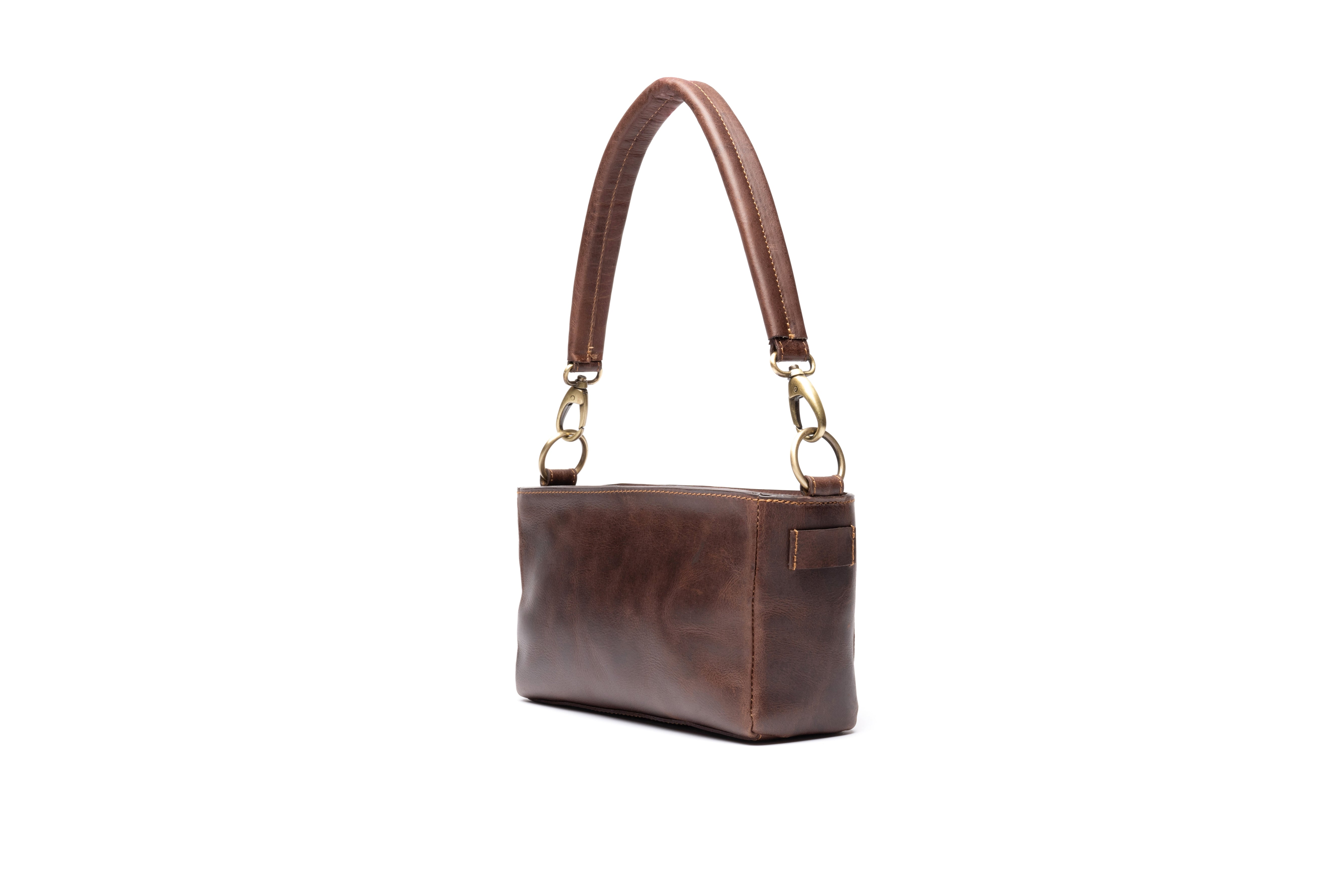 Angle view of Stylish fashionable leather purse with leather handle