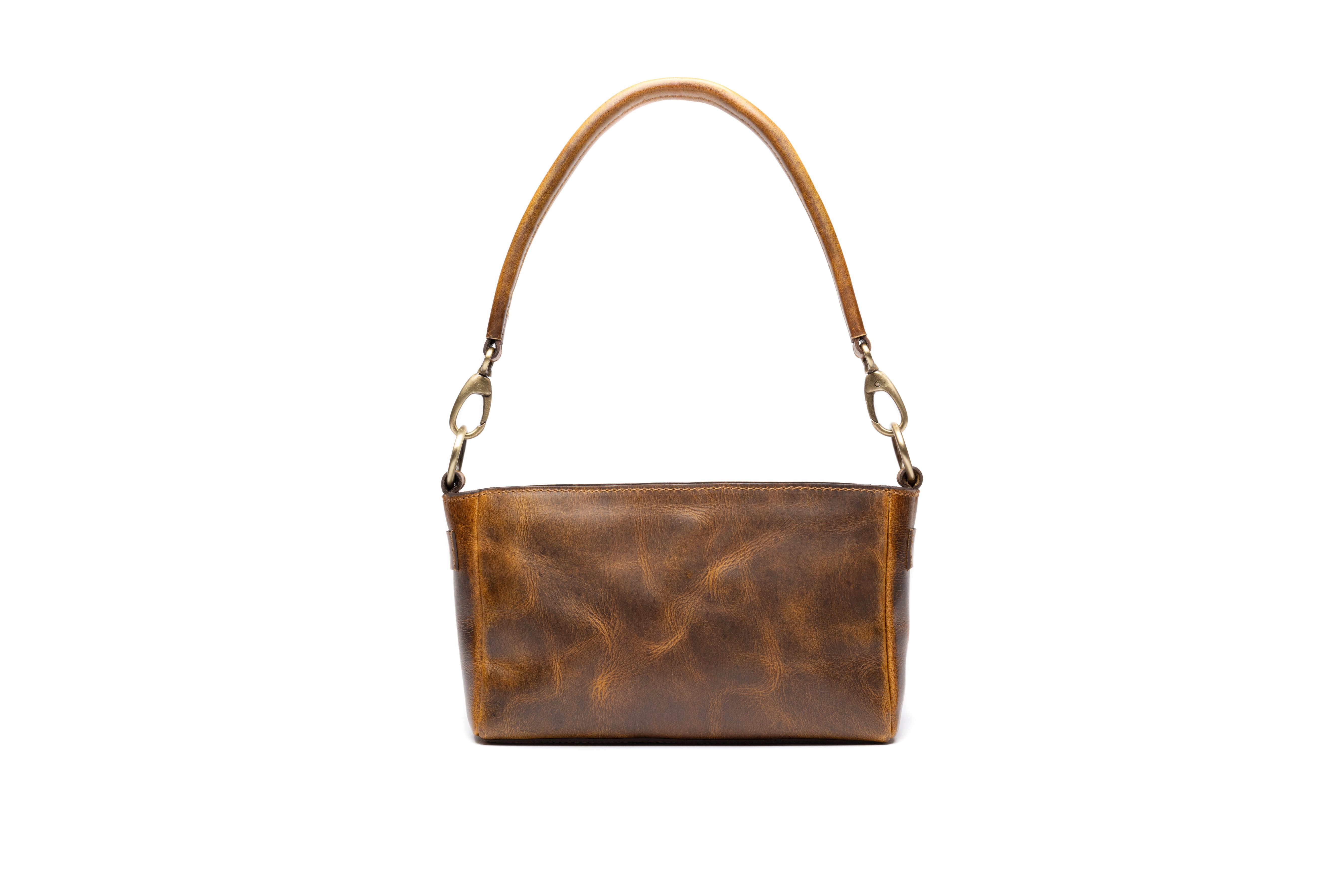 Stylish fashionable leather purse  shown with leather handle in distressed leather.